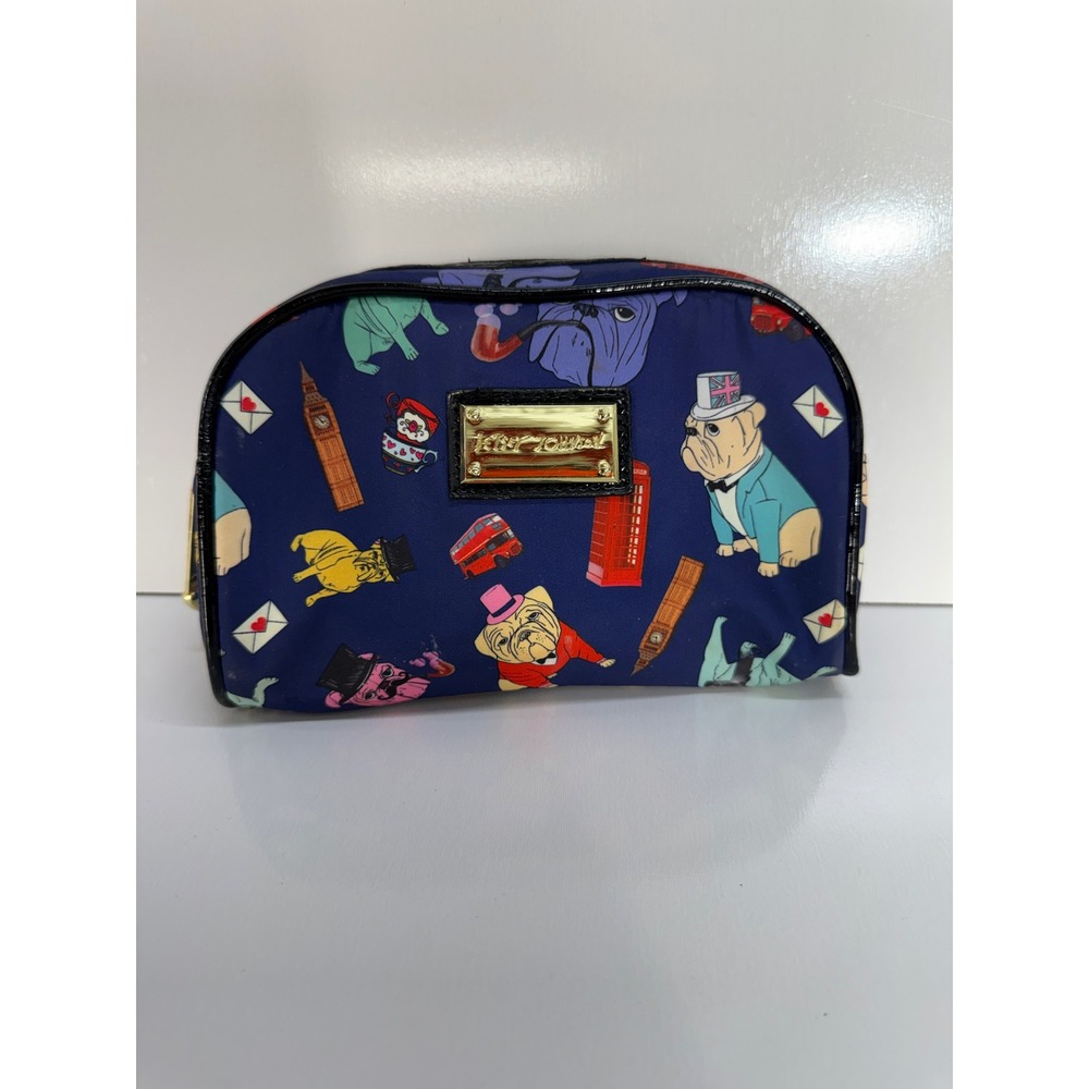 Betsey Johnson London Bulldog Print Cosmetic Bag Navy Blue Makeup Pouch